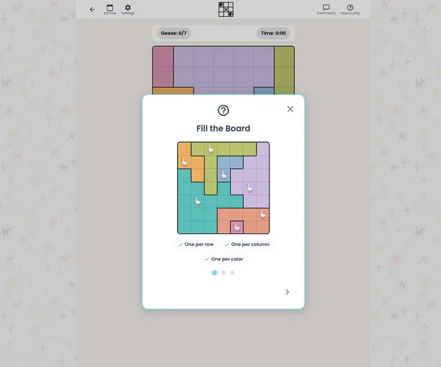 Birdoku board of coloured regions with a geese counter and timer, and a how-to card showing geese placed one per row, column and colour region