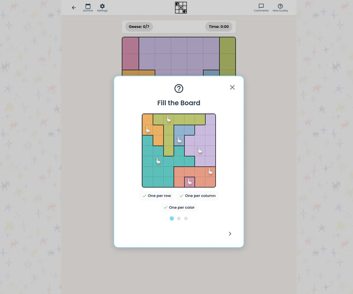 Birdoku board of coloured regions with a geese counter and timer, and a how-to card showing geese placed one per row, column and colour region