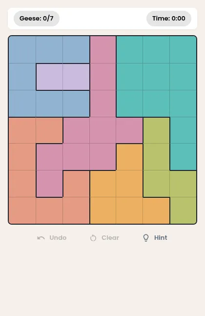 Today's Birdoku board: a 7 by 7 grid of seven colour regions, empty, with the geese counter at 0/7 and the timer