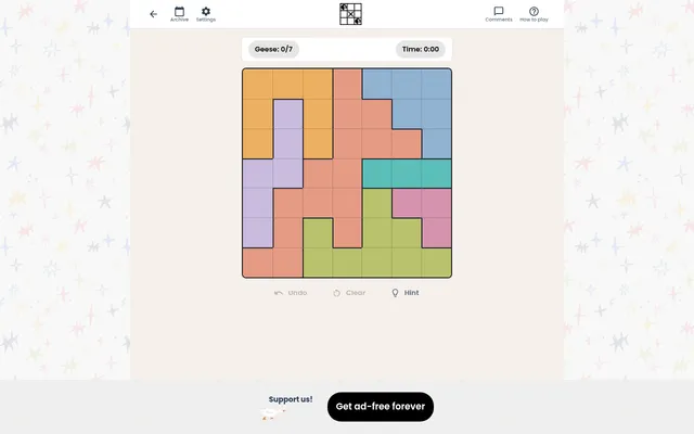 Today's Birdoku board on desktop: an empty 7 by 7 grid of seven colour regions, with the geese counter at 0/7 and the timer