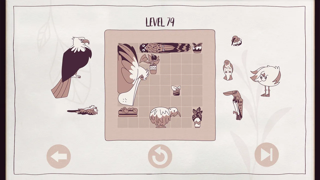 Level 79 of Birds Organized Neatly: a large grid with plant pots as blocked squares, a pelican, an owl and a kiwi already placed