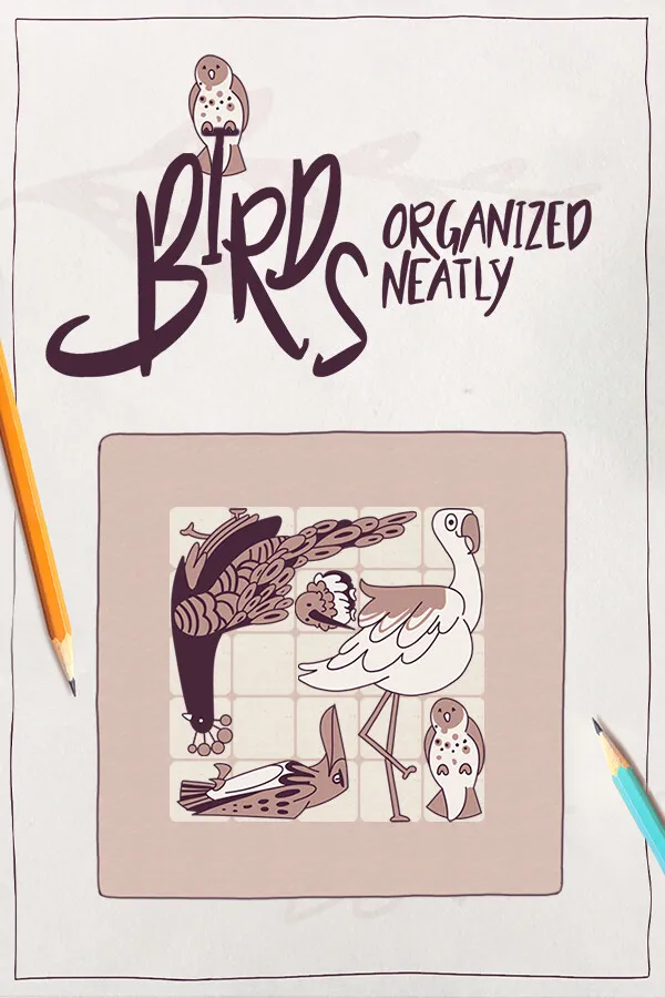 Birds Organized Neatly cover art: the title above a square grid filled with a peacock, a flamingo, an owl and other hand-drawn birds