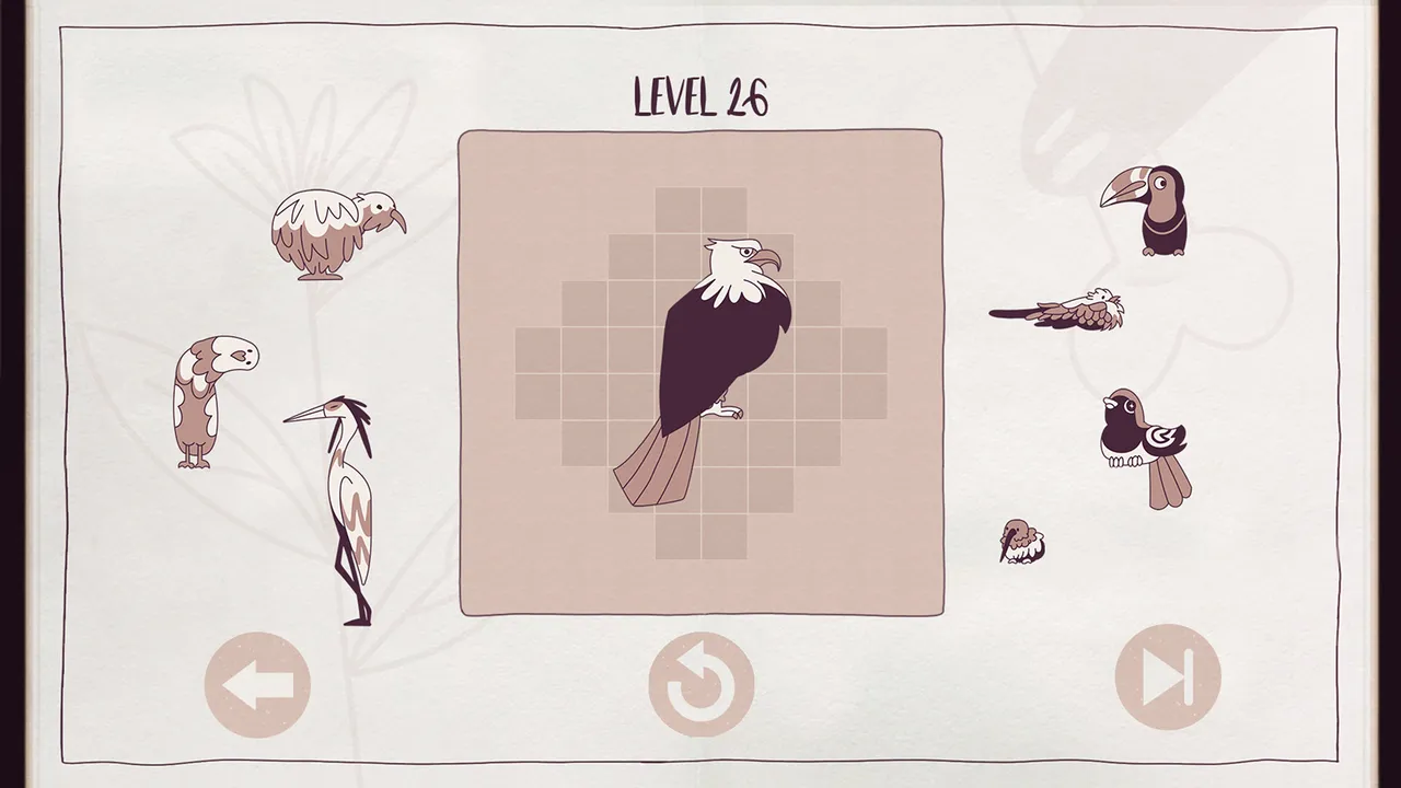 Level 26 of Birds Organized Neatly: a cross-shaped grid with an eagle placed and a heron, toucan, magpie and other birds around it