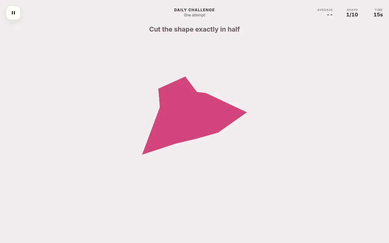 Bisecto Daily Challenge board before the cut: an irregular pink polygon under Cut the shape exactly in half, shape 1 of 10, 15 seconds