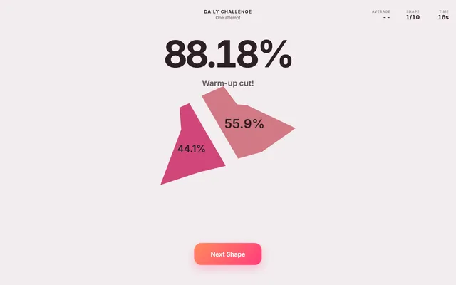 Bisecto Daily Challenge, shape 1 of 10 on 21 October 2026: a pink polygon cut by one line into pieces of 44.1% and 55.9%, scored 88.18%
