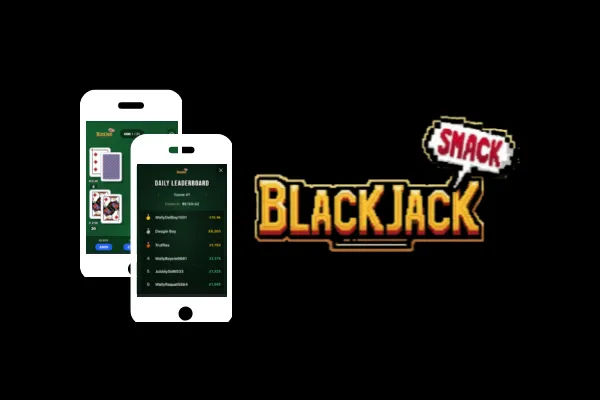 Blackjack Smack cover from its itch.io page: two phones showing a blackjack hand and the daily leaderboard beside the pixel-art game logo