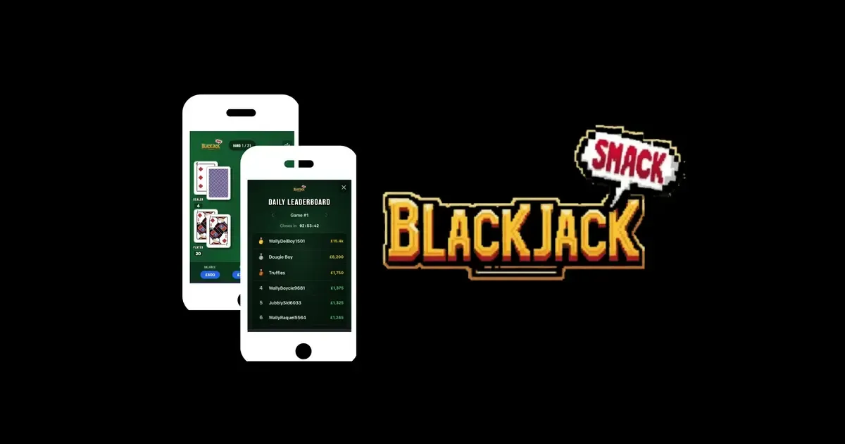 Two phone screens showing a blackjack hand and a daily leaderboard, beside the pixel-art Blackjack Smack logo