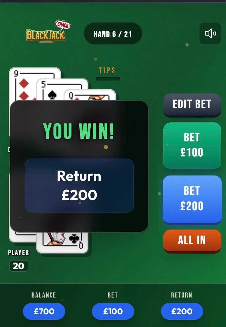 Blackjack Smack at phone size on hand 6 of 21: the player's 20 beats the dealer, a You Win box shows a £200 return, with bet buttons and a £700 balance