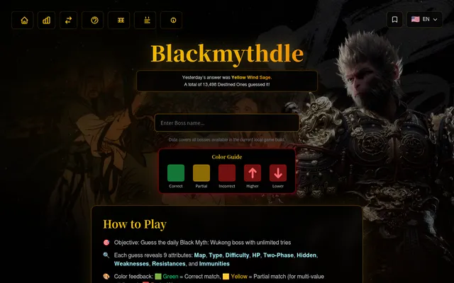 The Blackmythdle classic board: the boss name box, yesterday's answer Yellow Wind Sage, and the colour guide for correct, partial, incorrect, higher and lower