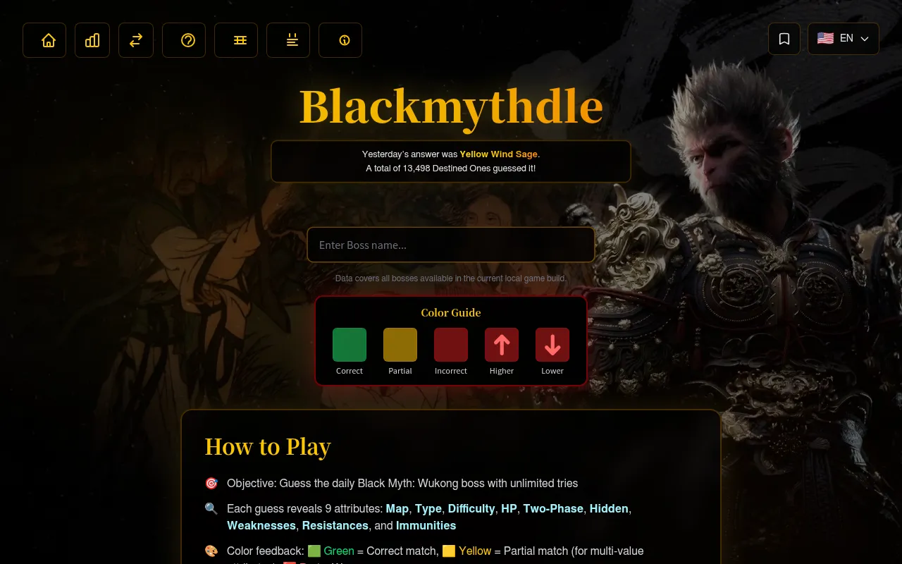 The Blackmythdle classic board: the boss name box, yesterday's answer Yellow Wind Sage, and the colour guide for correct, partial, incorrect, higher and lower