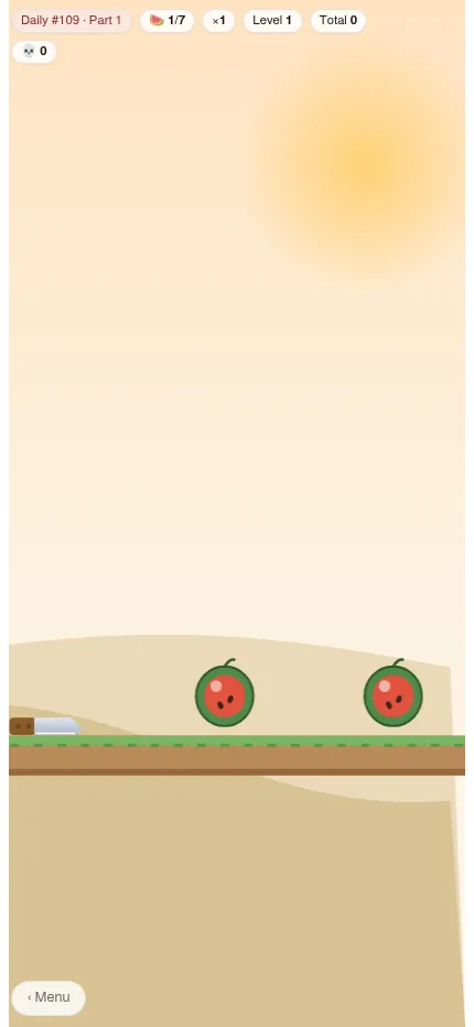 BladeFlip Daily #109 on a phone screen: the knife at the start of the grassy course with two watermelons ahead and the counters at the top