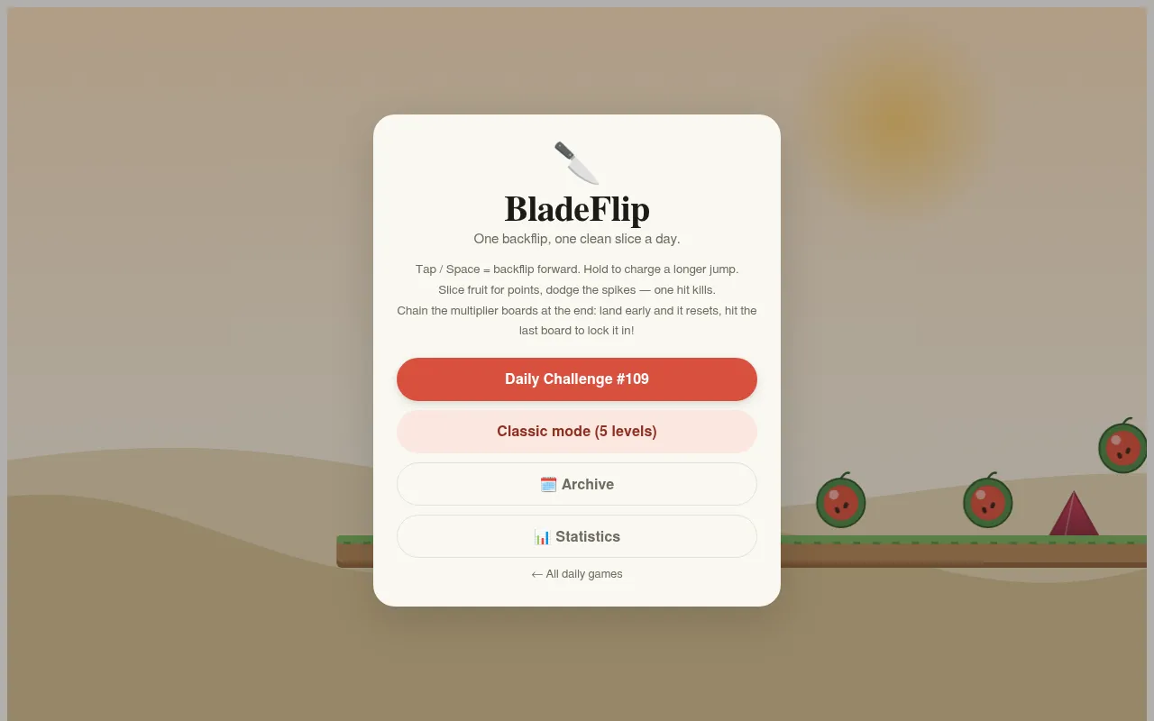 BladeFlip menu over the course: One backflip, one clean slice a day, with the controls and buttons for Daily Challenge #109, Classic mode, Archive and Statistics