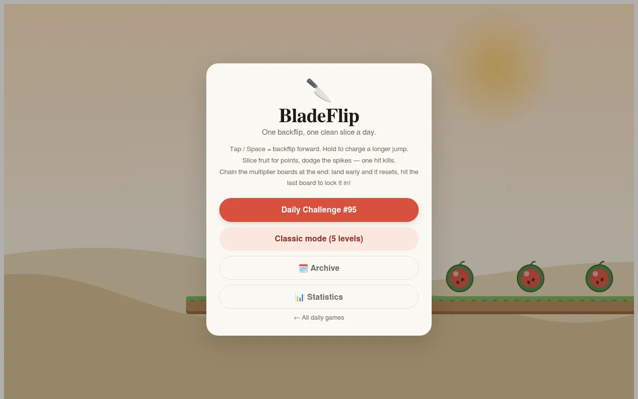 BladeFlip menu: One backflip, one clean slice a day, with the controls and buttons for Daily Challenge #95, Classic mode, Archive and Statistics