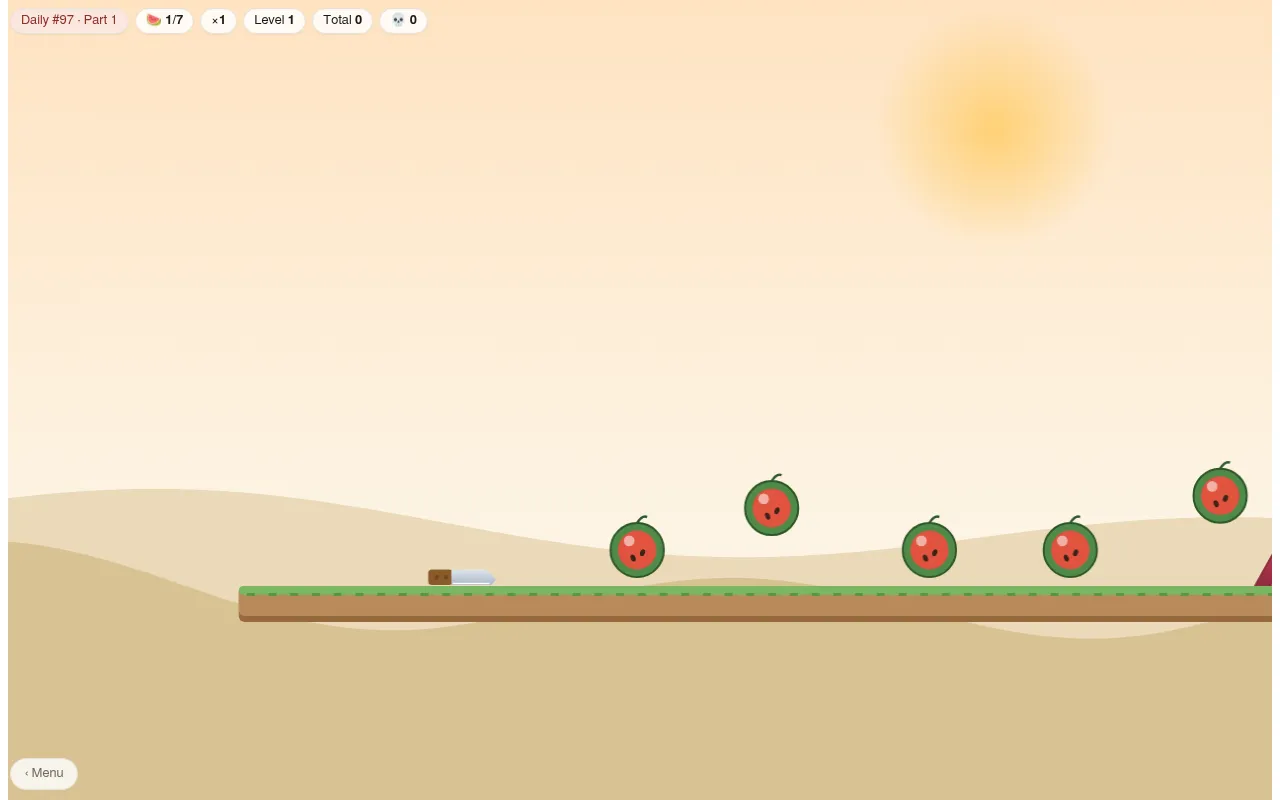 BladeFlip Daily #97, part 1 in play: the knife on a grassy course with watermelons ahead and a red spike in the distance, counters for 1 of 7 fruit, multiplier, level and total at the top