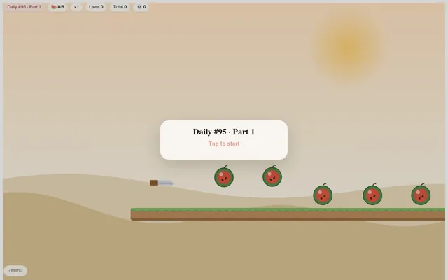 BladeFlip Daily #95, part 1: a knife at the start of a grassy course with a row of watermelons ahead, a counter for 0 of 8 fruit and a Tap to start prompt