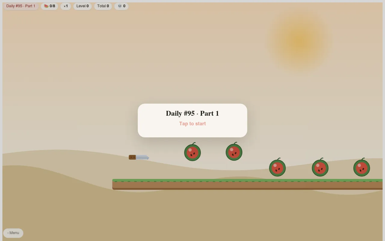 BladeFlip Daily #95, part 1: a knife at the start of a grassy course with a row of watermelons ahead, a counter for 0 of 8 fruit and a Tap to start prompt