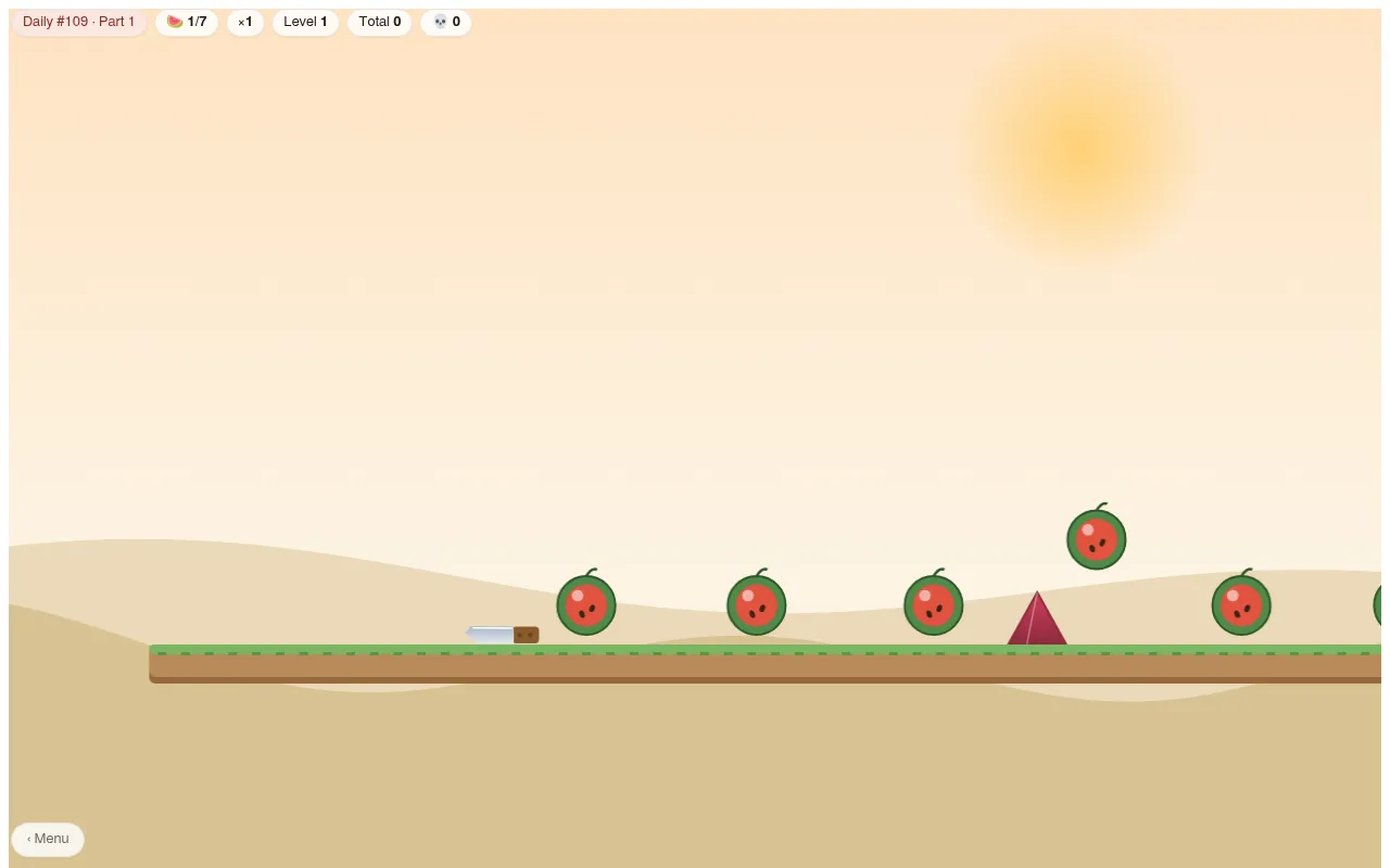 BladeFlip Daily #109, part 1 in play: the knife on a grassy course with a row of watermelons and a red spike ahead, counters for 1 of 7 fruit, multiplier, level, total and deaths at the top