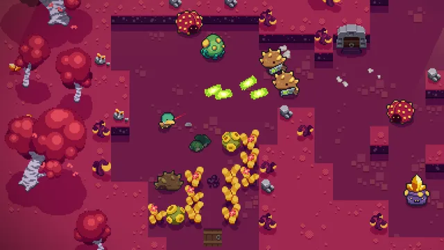 Blazing Beaks: a bird with a gun fighting monsters in a pixel-art level