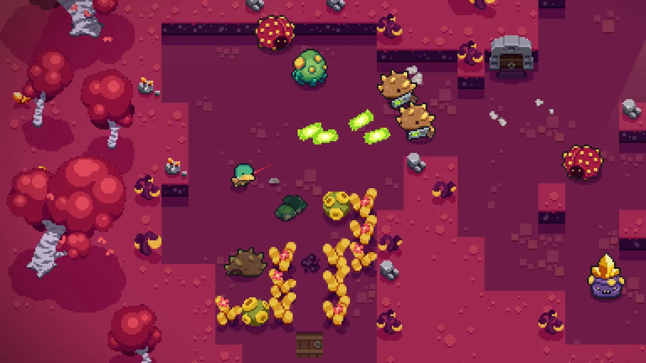 Blazing Beaks: a bird with a gun fighting monsters in a pixel-art level
