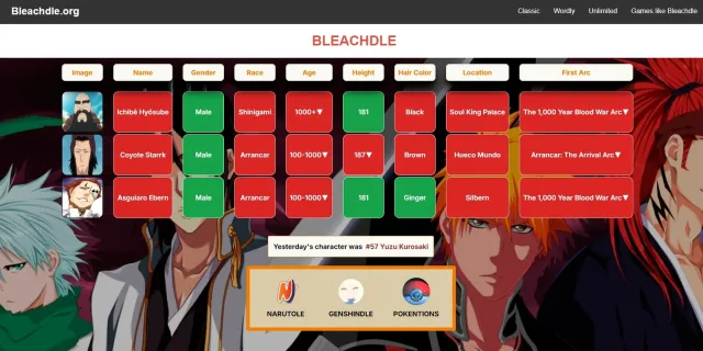 Bleachdle guesses for Ichibe Hyosube, Coyote Starrk and Asguiaro Ebern, with green and red tiles for gender, race, age, height, hair colour, location and first arc, and yesterday's character #57 Yuzu