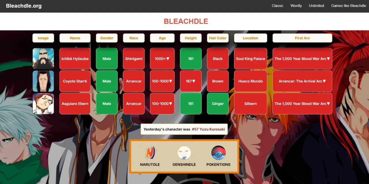 Bleachdle guesses for Ichibe Hyosube, Coyote Starrk and Asguiaro Ebern, with green and red tiles for gender, race, age, height, hair colour, location and first arc, and yesterday's character #57 Yuzu