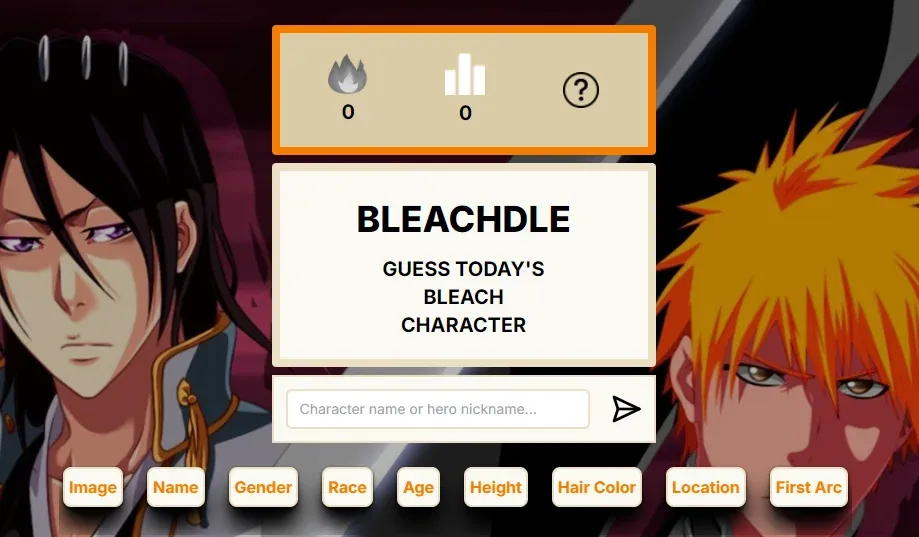 The Bleachdle start screen: Guess today's Bleach character, a name box and the attribute columns over Bleach art