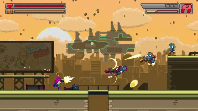 Wryn fires at a group of soldiers on a rooftop as an airship flies over a city in Bleed 2