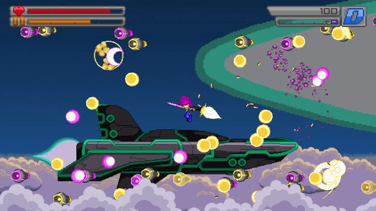 Wryn stands on a flying jet surrounded by glowing bullets and missiles above the clouds in Bleed 2
