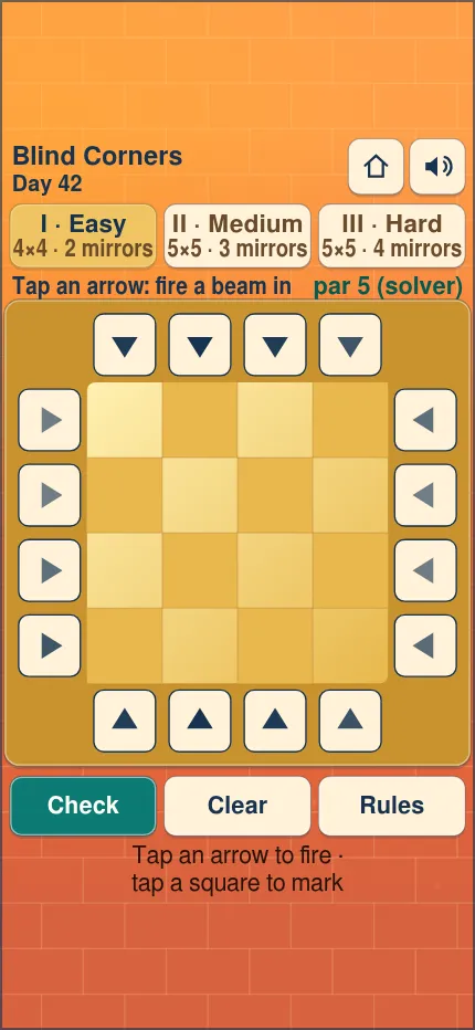 Blind Corners Easy box at phone size, with arrows on all four sides of the grid and Check, Clear and Rules buttons
