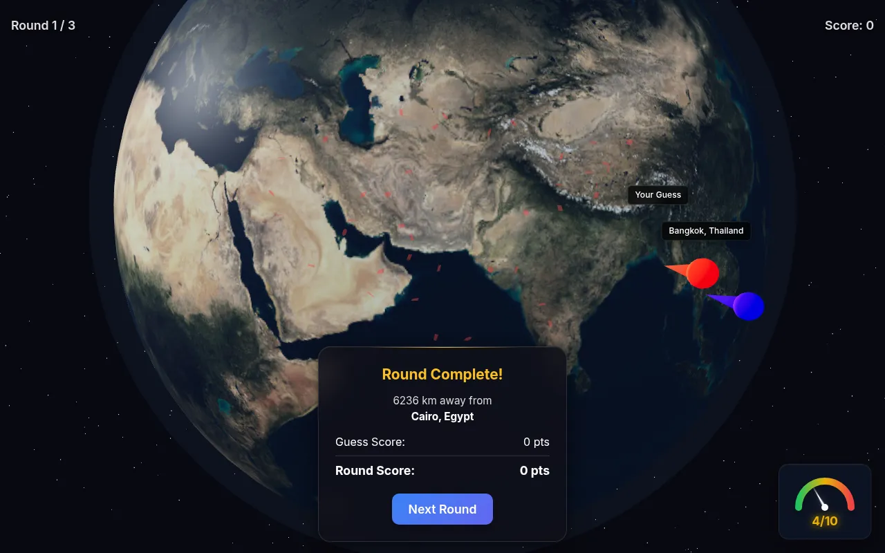 Blind Globe after a guess: the globe turns into the real Earth, with the guess pin and Bangkok marked and a Round Complete card giving the distance from Cairo