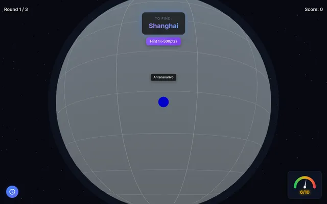 Blind Globe round 1 of 3 in play: a blank grey globe with the reference city Antananarivo marked, the city to find (Shanghai) and a Hint 1 (-500pts) button above, and a difficulty gauge at 6 of 10