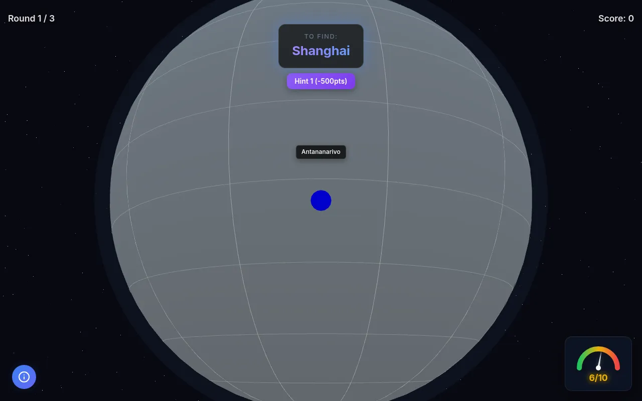 Blind Globe round 1 of 3 in play: a blank grey globe with the reference city Antananarivo marked, the city to find (Shanghai) and a Hint 1 (-500pts) button above, and a difficulty gauge at 6 of 10