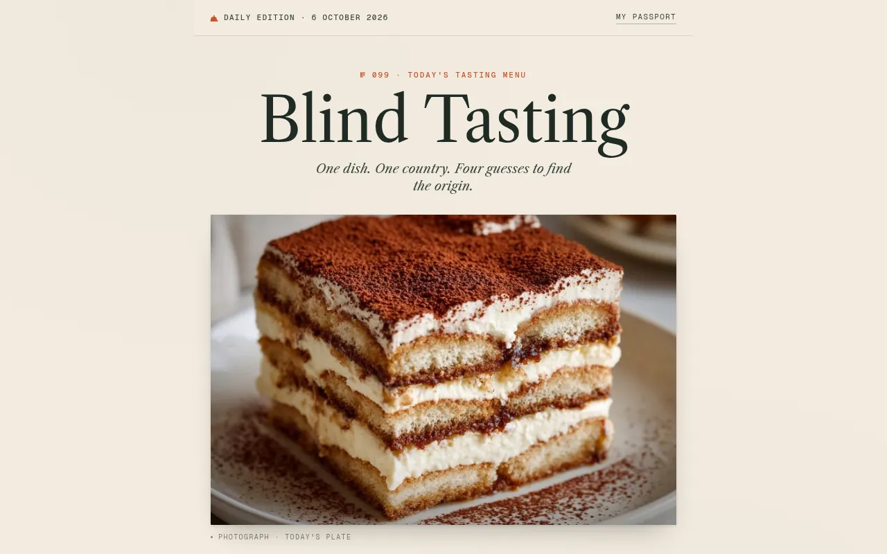 Blind Tasting's daily edition page with the numbered puzzle and a photo of the day's plate