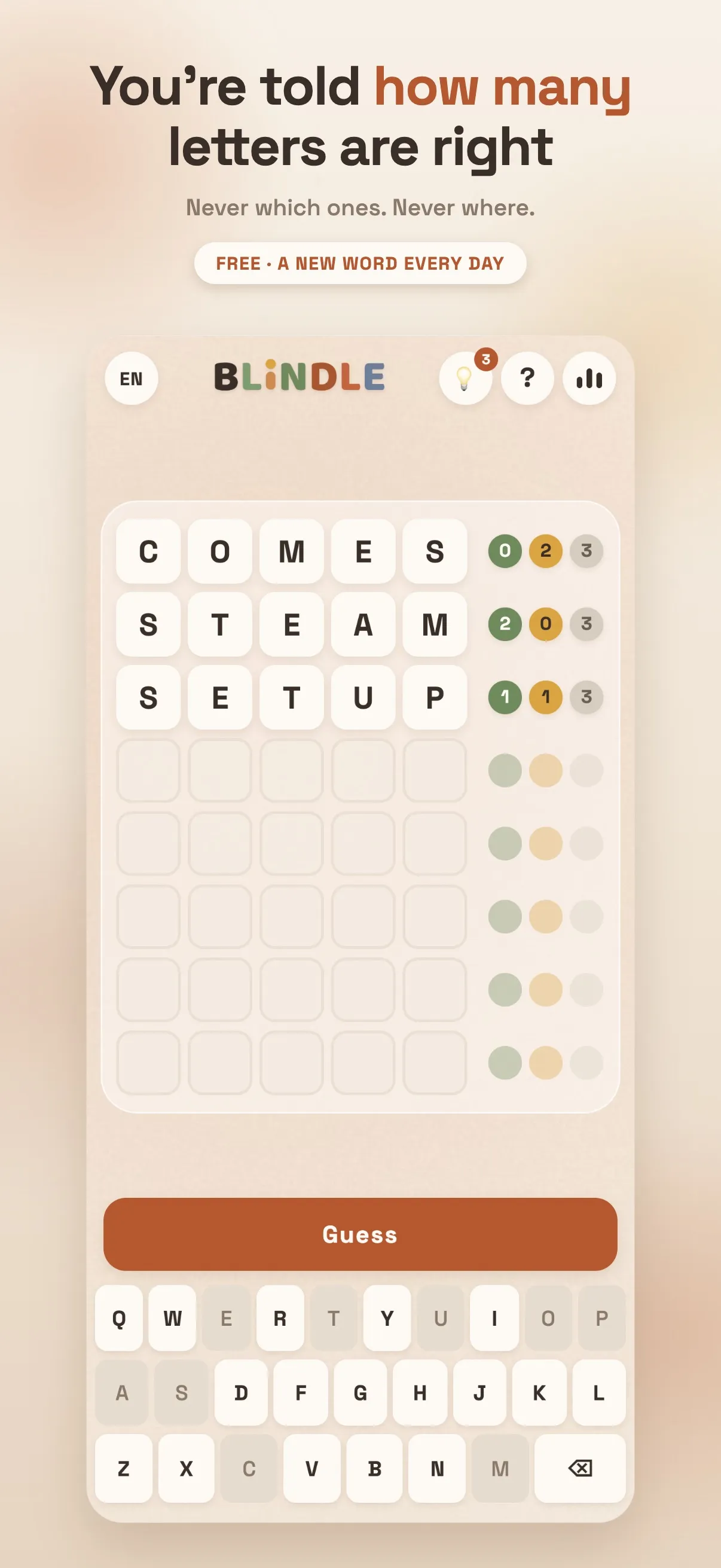 Blindle board in its autumn look: guesses COMES, STEAM and SETUP, each with green, yellow and grey counts such as 2, 0, 3, above the keyboard