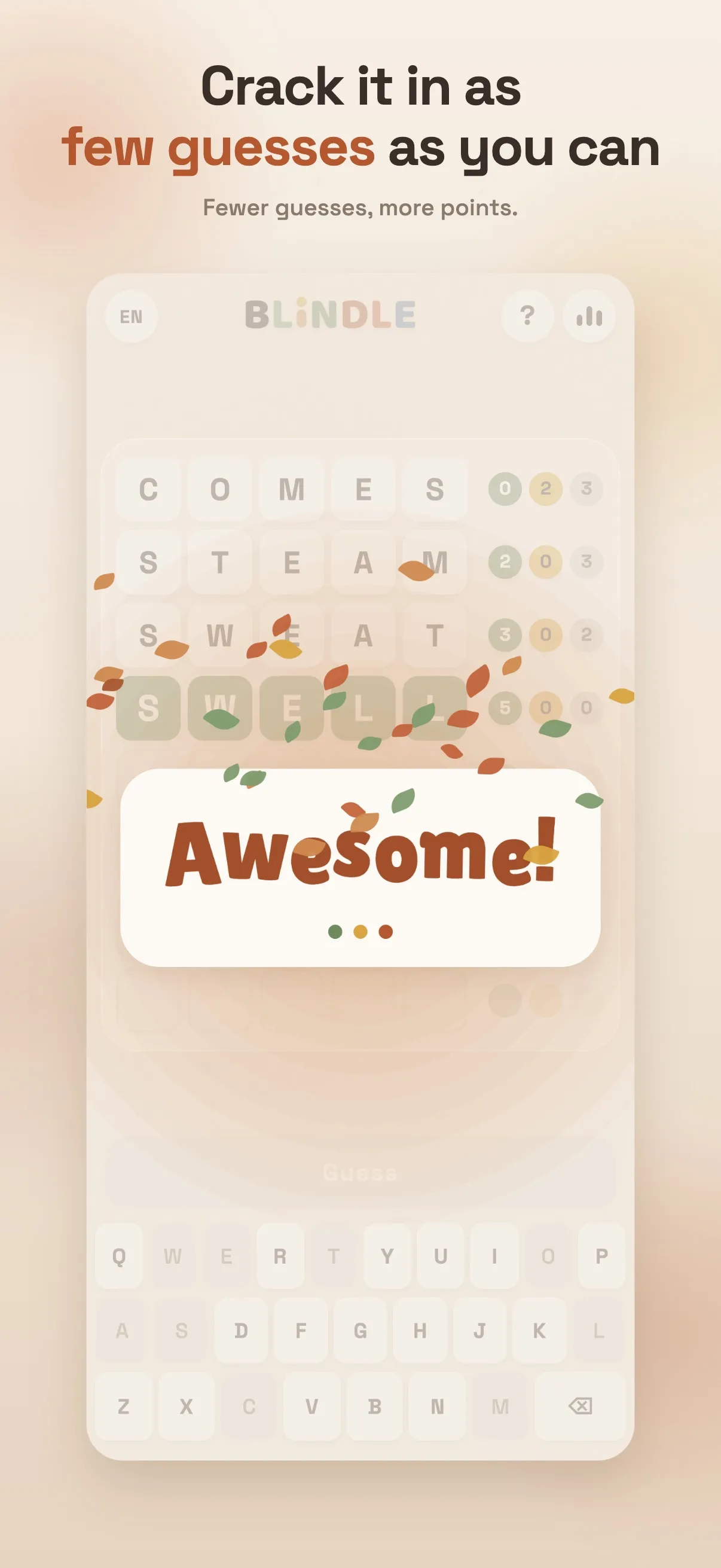 Blindle solved on the fourth guess: SWELL scores 5, 0, 0 after COMES, STEAM and SWEAT, with an Awesome card and falling leaves