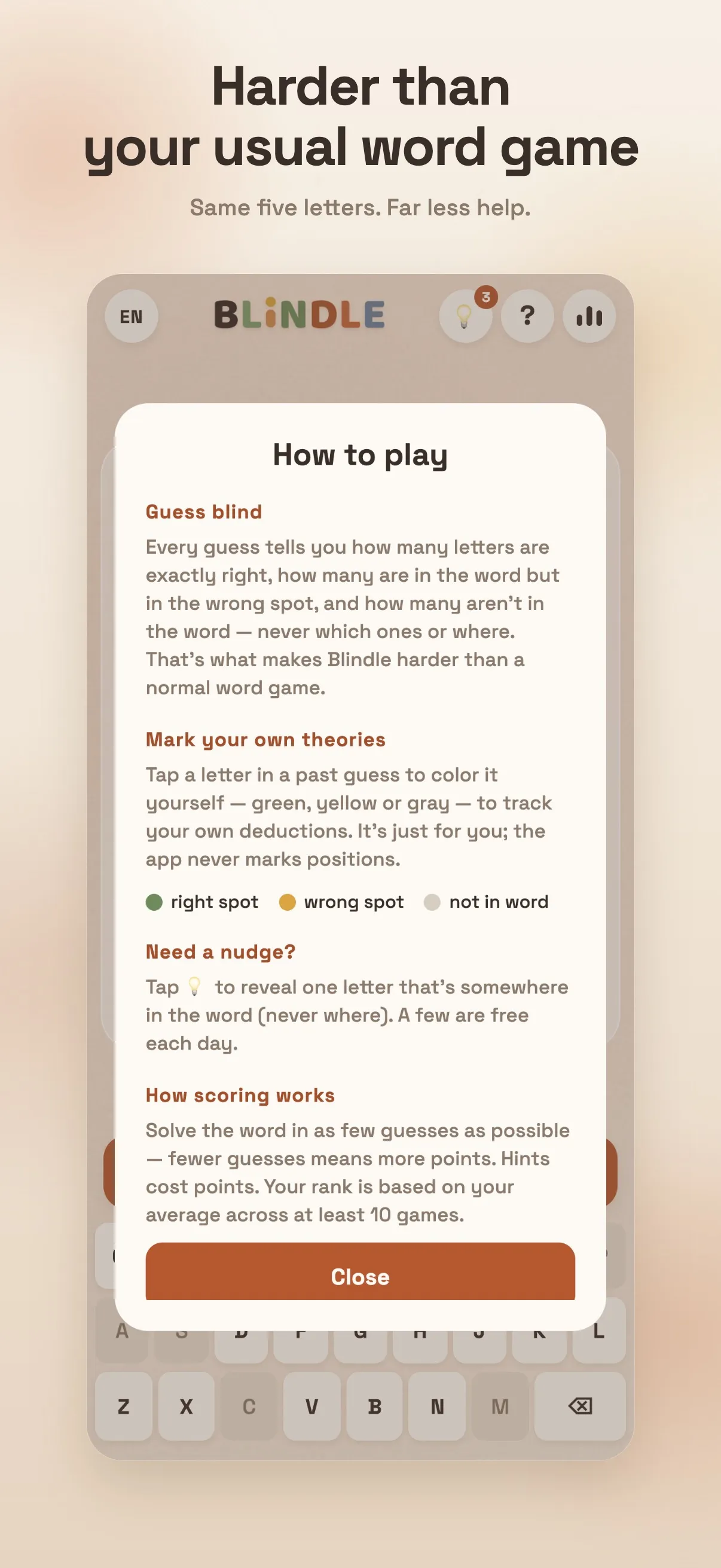 Blindle How to play box: each guess tells how many letters are right, misplaced or absent, and a past letter can be tapped to colour it