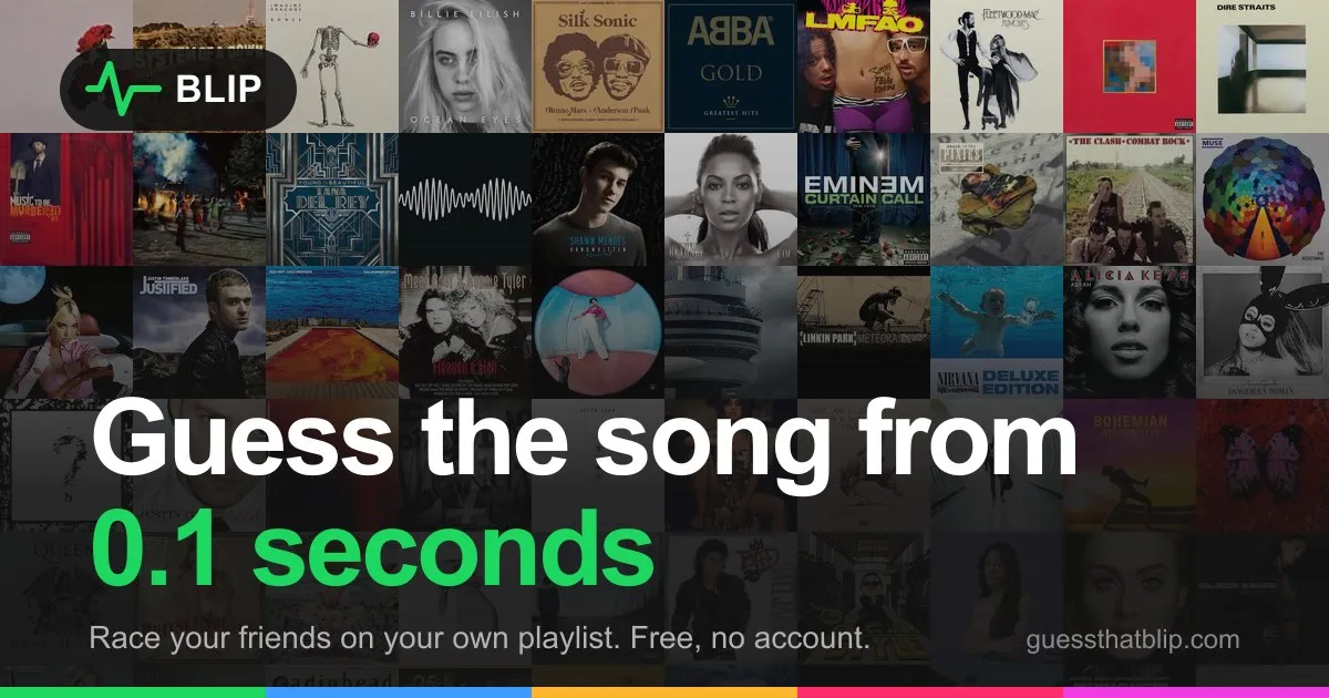 BLIP share card: Guess the song from 0.1 seconds, over a wall of album covers