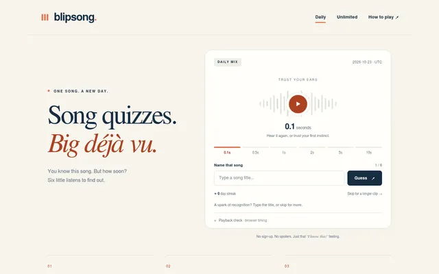 Blipsong's Daily Mix board for 23 October 2026: the play button, the 0.1-second clip marked on a row of six clip lengths up to 10 seconds, try 1 of 6 and a box for the song title