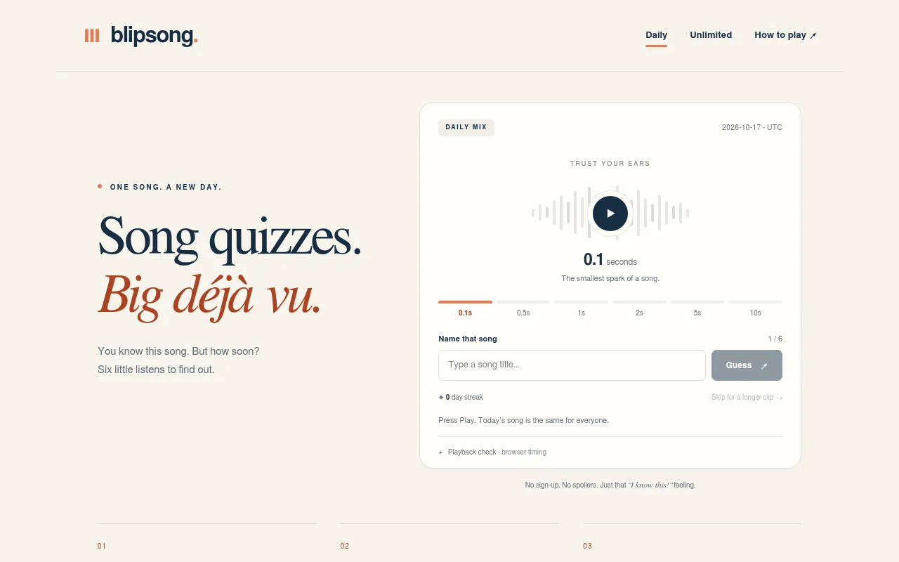 Blipsong's Daily Mix board: a play button, the 0.1-second clip marker on a row of six clip lengths up to 10 seconds, and a box to type the song title