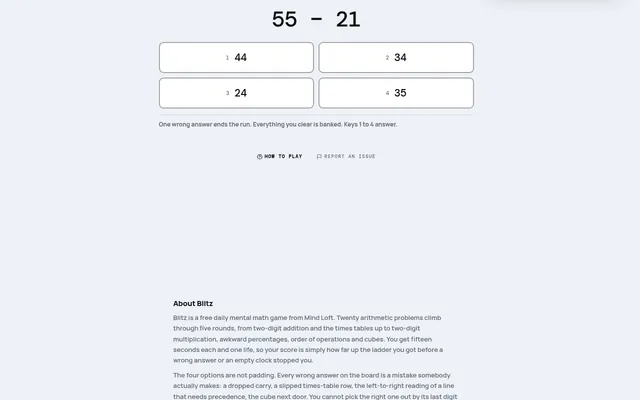 Blitz problem on mindloftdaily.com: 55 minus 21 with four answer buttons, 44, 34, 24 and 35