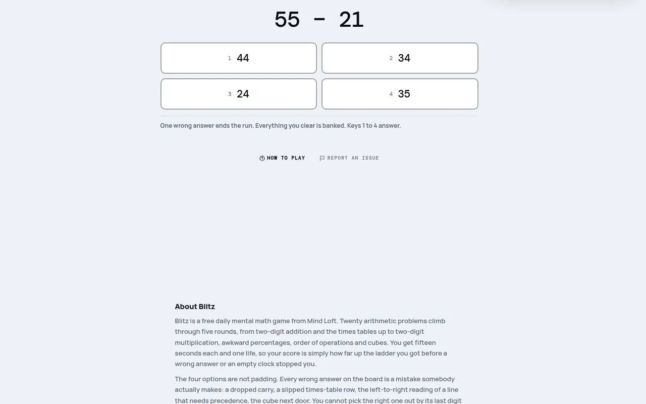 Blitz problem on mindloftdaily.com: 55 minus 21 with four answer buttons, 44, 34, 24 and 35