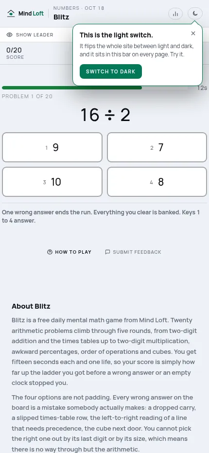 Blitz at phone size: the same first problem, 16 divided by 2, with its four answer buttons in a two-by-two grid
