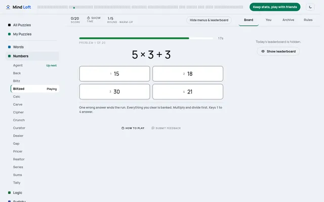 Today's Blitzed board (Oct 18) on mindloftdaily.com: problem 1 of 20, 5 x 3 + 3, with four answers 15, 18, 30 and 21 and a 20-second clock bar