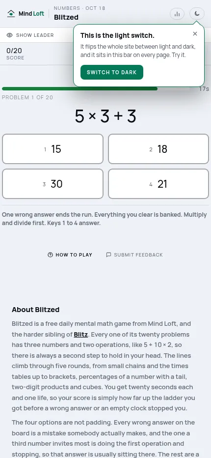 Blitzed at phone size: problem 1 of 20, 5 x 3 + 3, with four answer buttons below and a one-time light-switch tip over the top bar