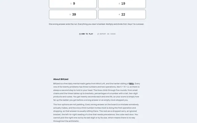 Blitzed in play on mindloftdaily.com: four answer buttons, 9, 19, 39 and 22, under a three-number problem, with the note to multiply and divide first