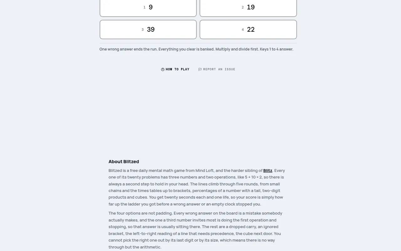 Blitzed in play on mindloftdaily.com: four answer buttons, 9, 19, 39 and 22, under a three-number problem, with the note to multiply and divide first