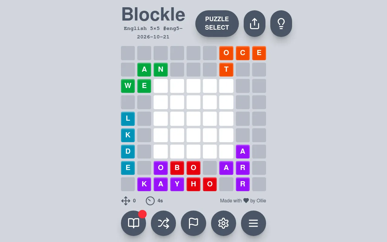 Blockle English 5x5 puzzle for 2026-10-21 on a desktop: an empty 5x5 white grid ringed by coloured letter pieces to drag into it