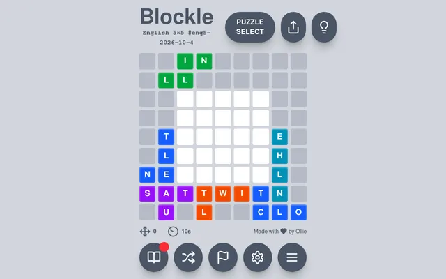 Blockle English 5x5 puzzle for 2026-10-04: an empty 5x5 white square in the middle of a board, surrounded by coloured letter blocks to slide into it