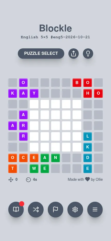 The same Blockle 5x5 daily puzzle at phone size: the grid, the letter pieces around it and the hint, share and menu buttons