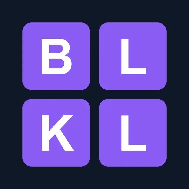 Blockle logo: four purple tiles reading B, L, K, L